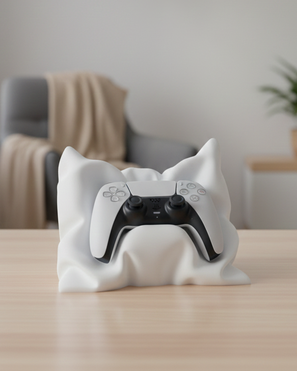 White gaming controller on a white cloth with a blurred room background